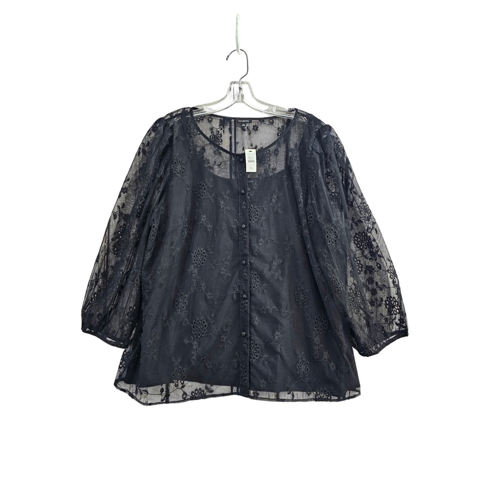 Talbots Blouse Womens XL Black Floral Lace Sheer Button Front 2pc Set NWT